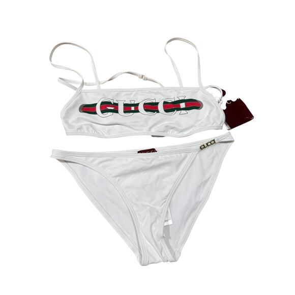 Gucci White Sparkling Jersey Web Logo Two Piece Bikini Swimsuit Small - Picture 3 of 7